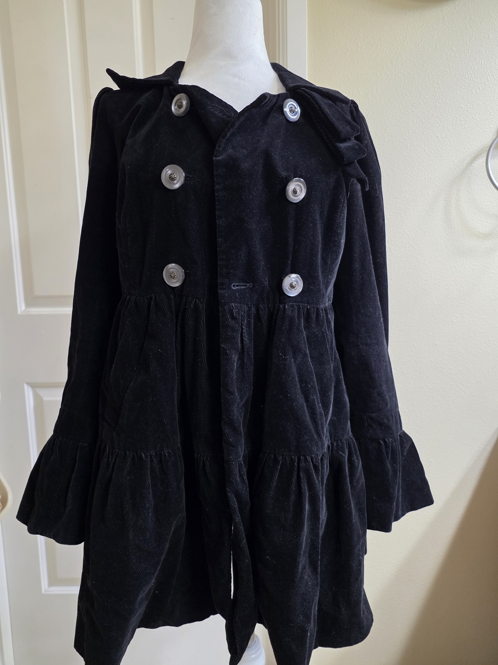 Anthropologie Black Velvet Double-Breasted Tiered Pea Coat